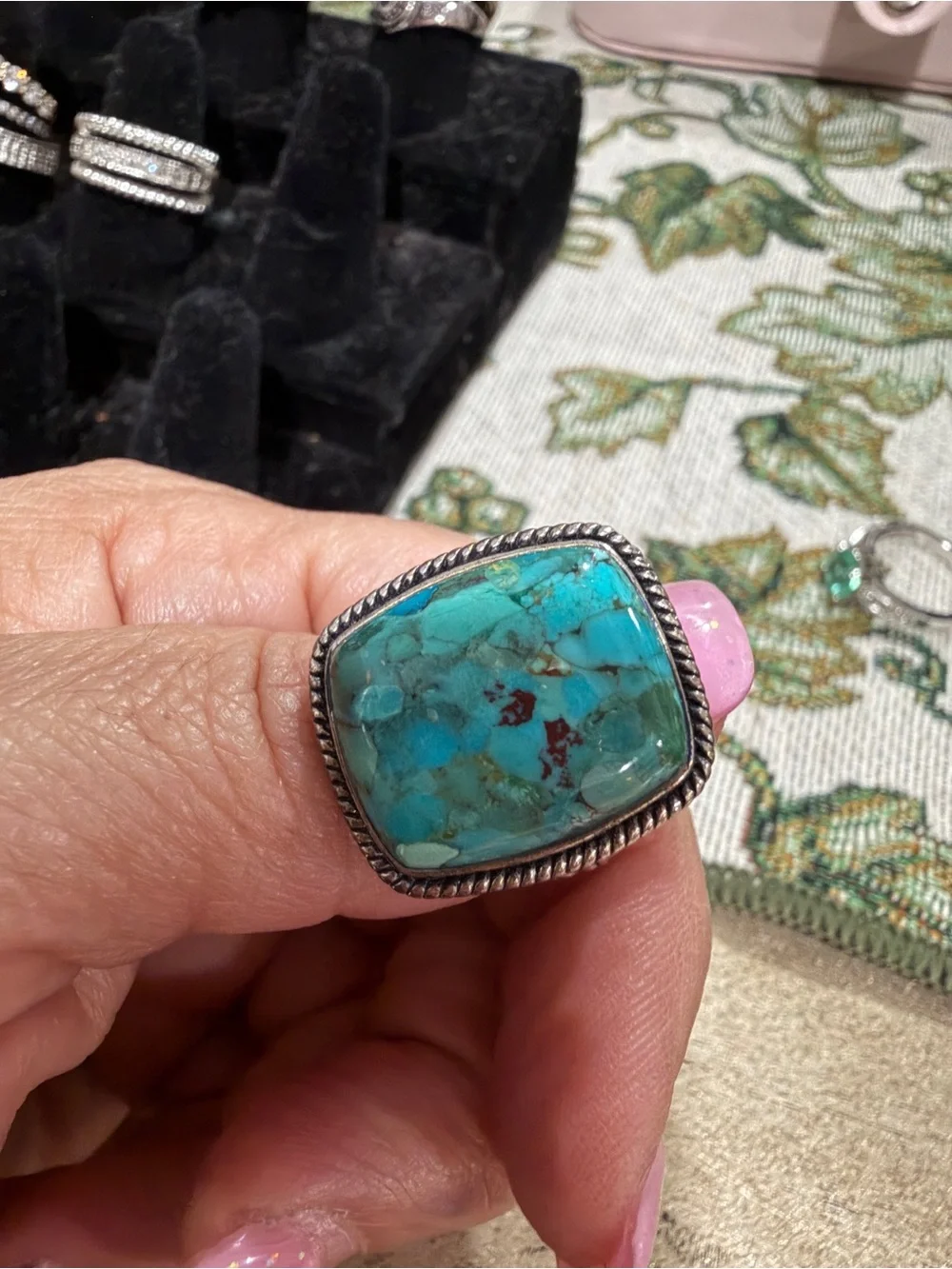 Turquoise Stone Silver-Trim Ring - Blue Green Gem